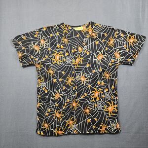 Shana Scrubs Halloween Top Womens XL Black Orange Spiders Candy Corn Pocket